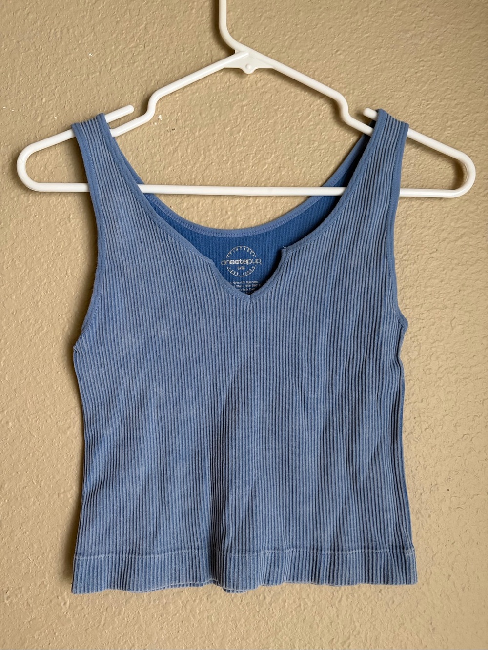 One Step Ahead Dusty Blue Distressed Ribbed V-Notch Tank S/M